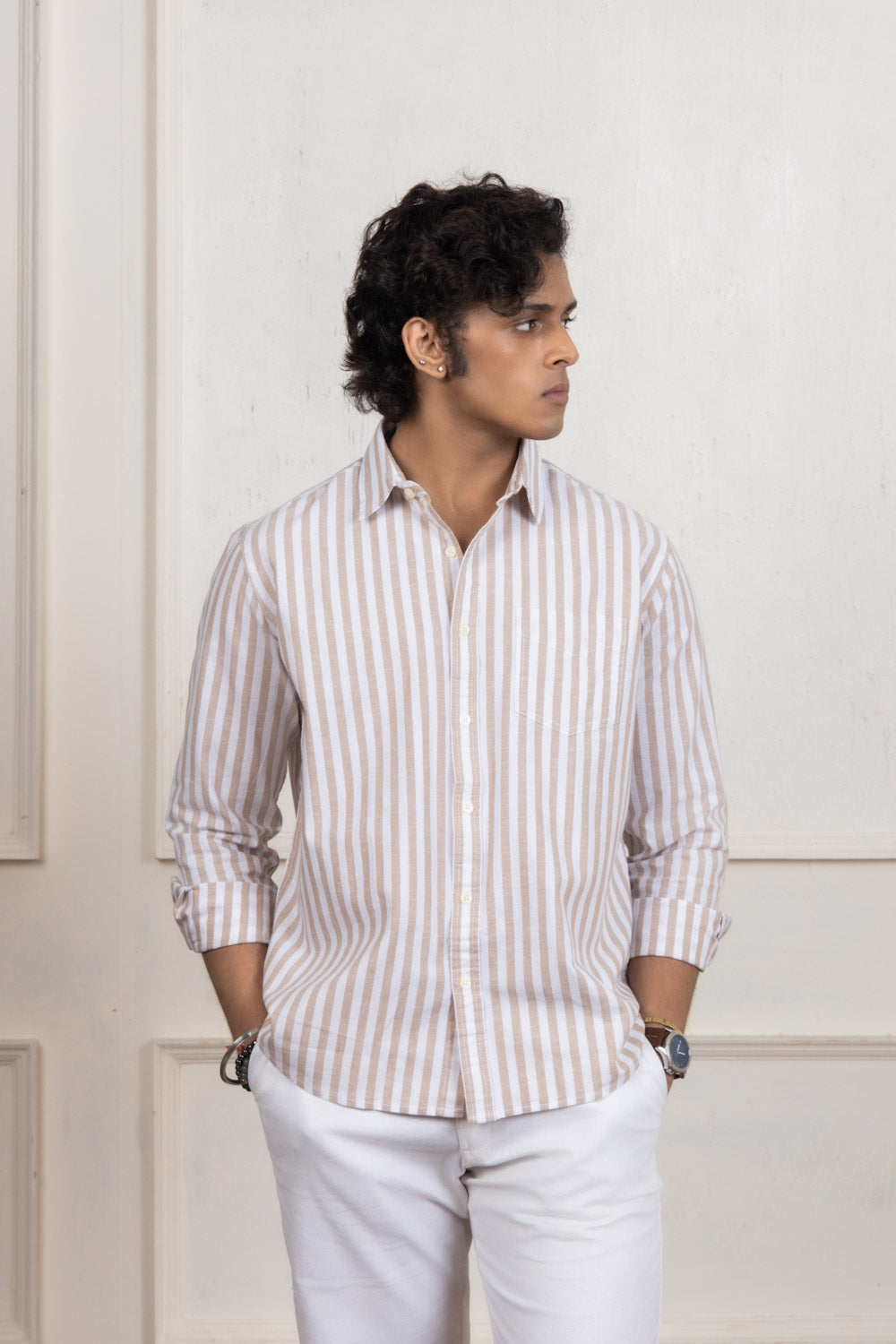 Beige Striped Cotton Shirt