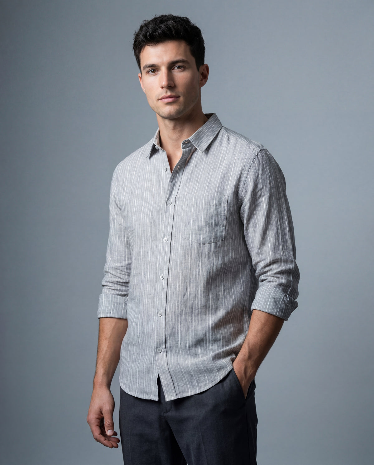 Heather Grey Stripe Linen Blend Textured Shirt