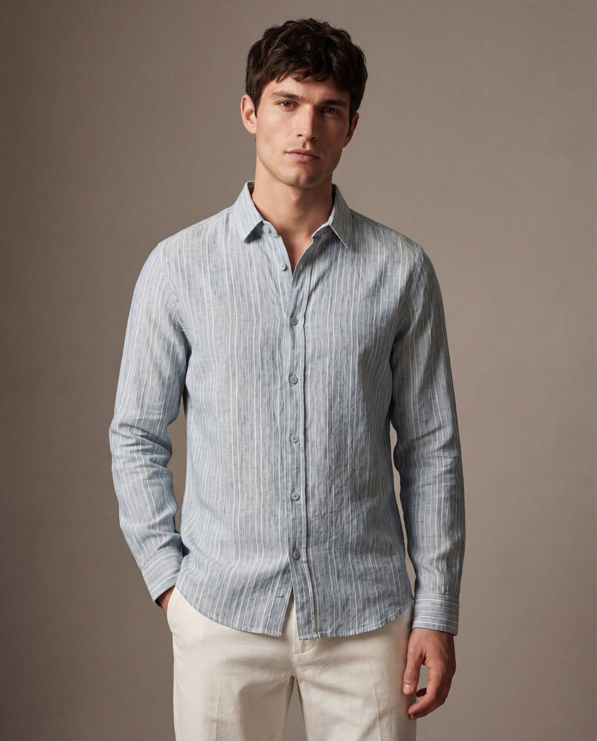 Stone Blue Stripe Linen-Blend Textured Shirt