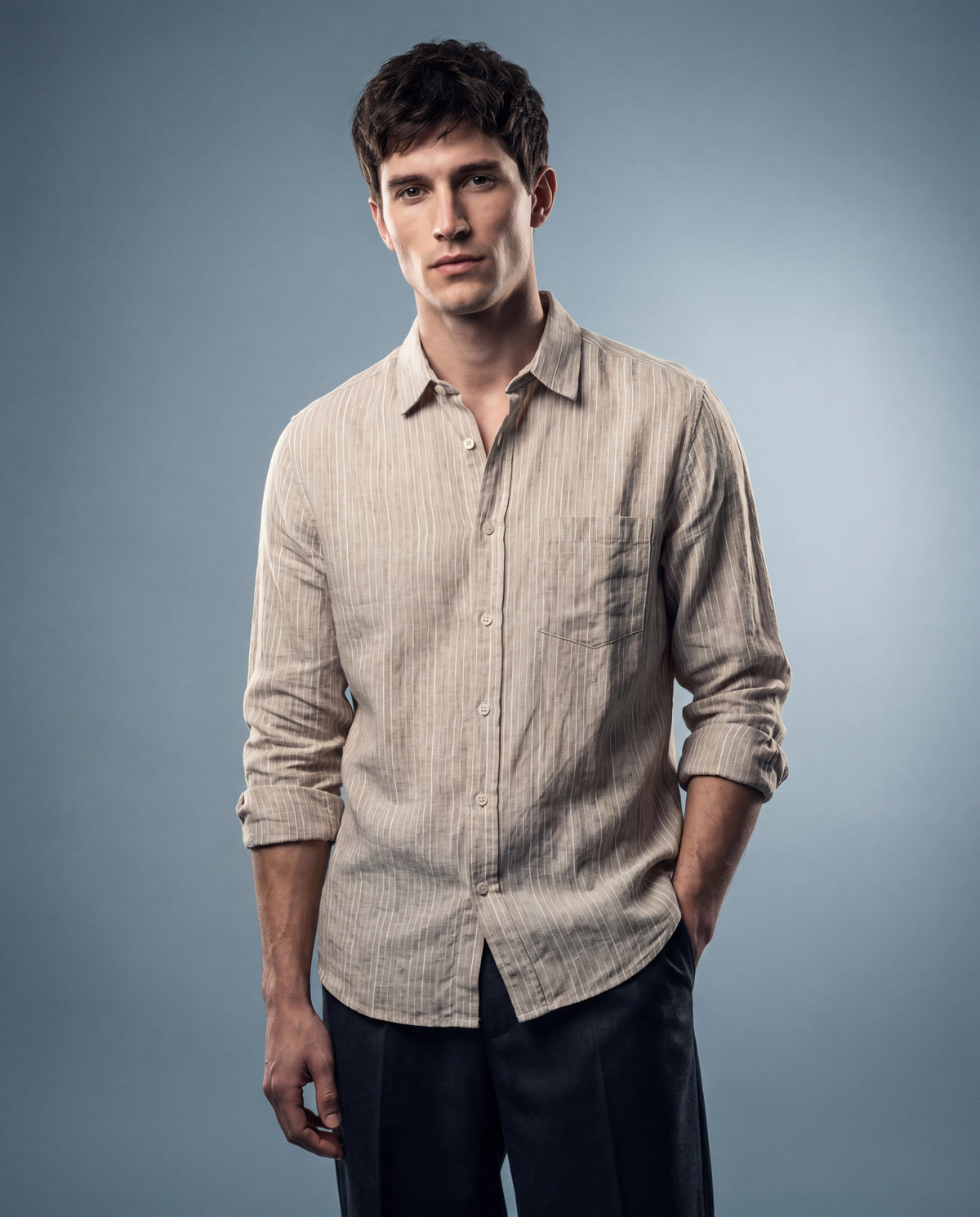 Oatmeal Striped Linen-Cotton Textured Shirt