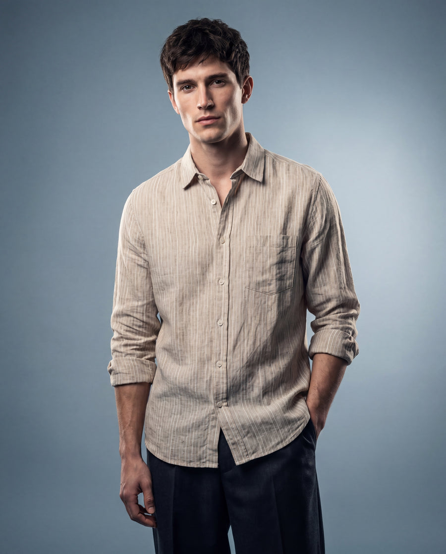Oatmeal Striped Linen-Cotton Textured Shirt