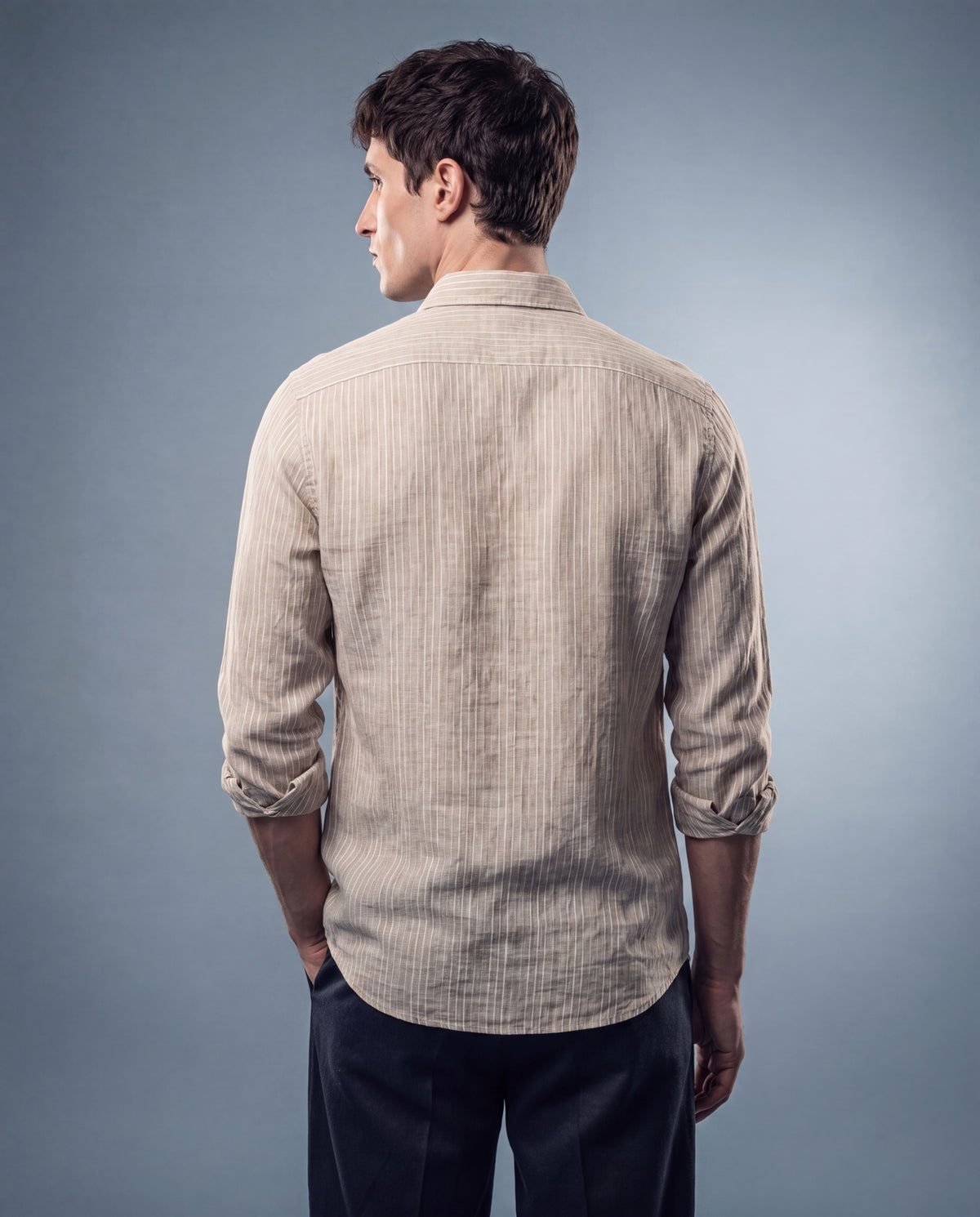 Oatmeal Striped Linen-Cotton Textured Shirt