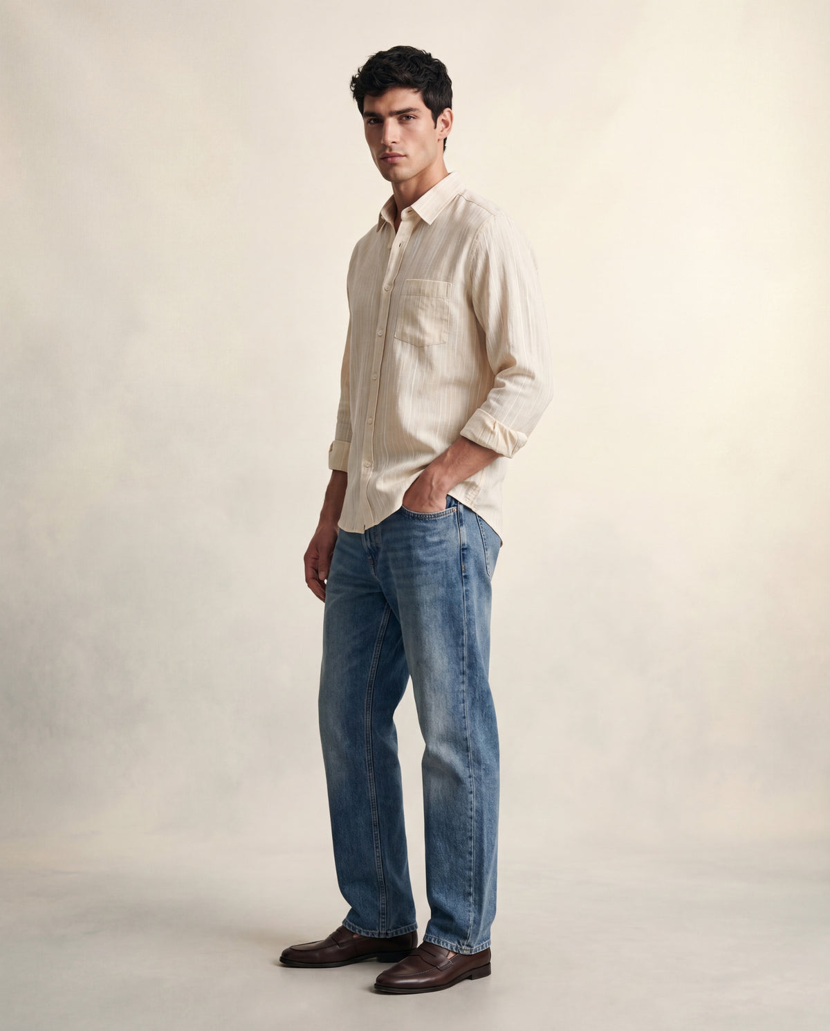 Cream Stripe Linen-Cotton Textured Shirt