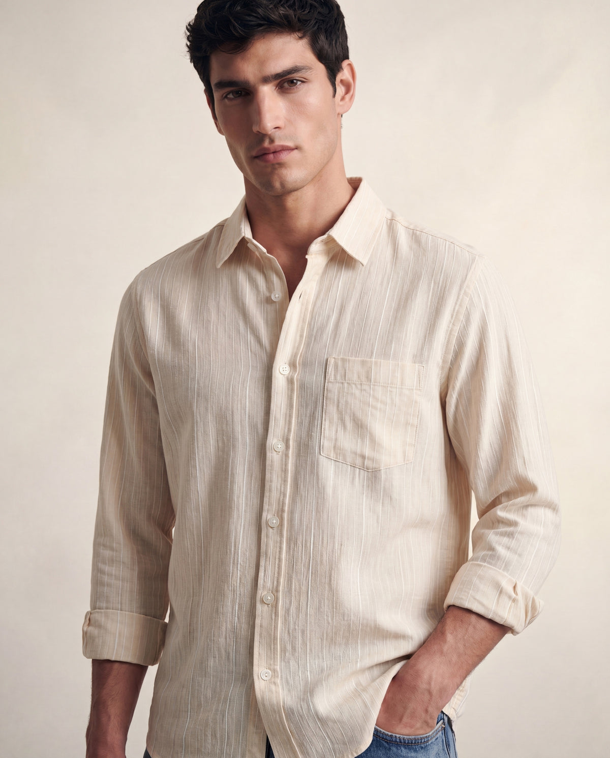 Cream Stripe Linen-Cotton Textured Shirt