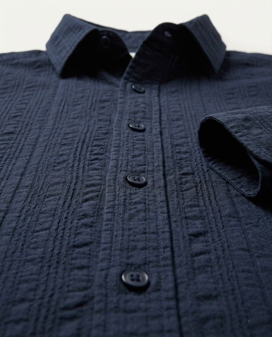 Navy Blue Textured Pure Cotton Shirt