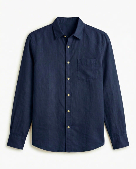 Navy Blue Cotton Linen Blend Shirt