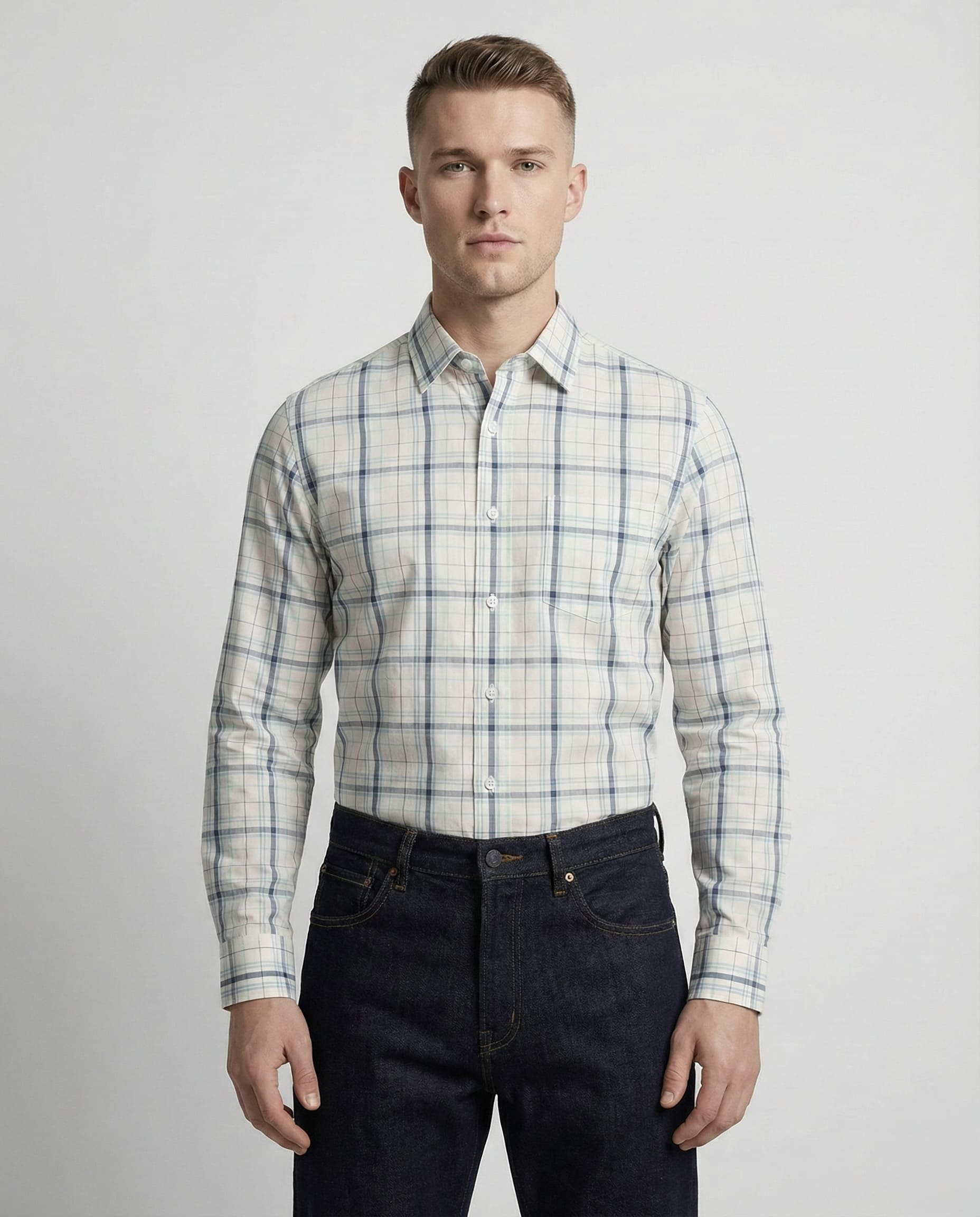 Green White Poplin Checkered Cotton Shirt