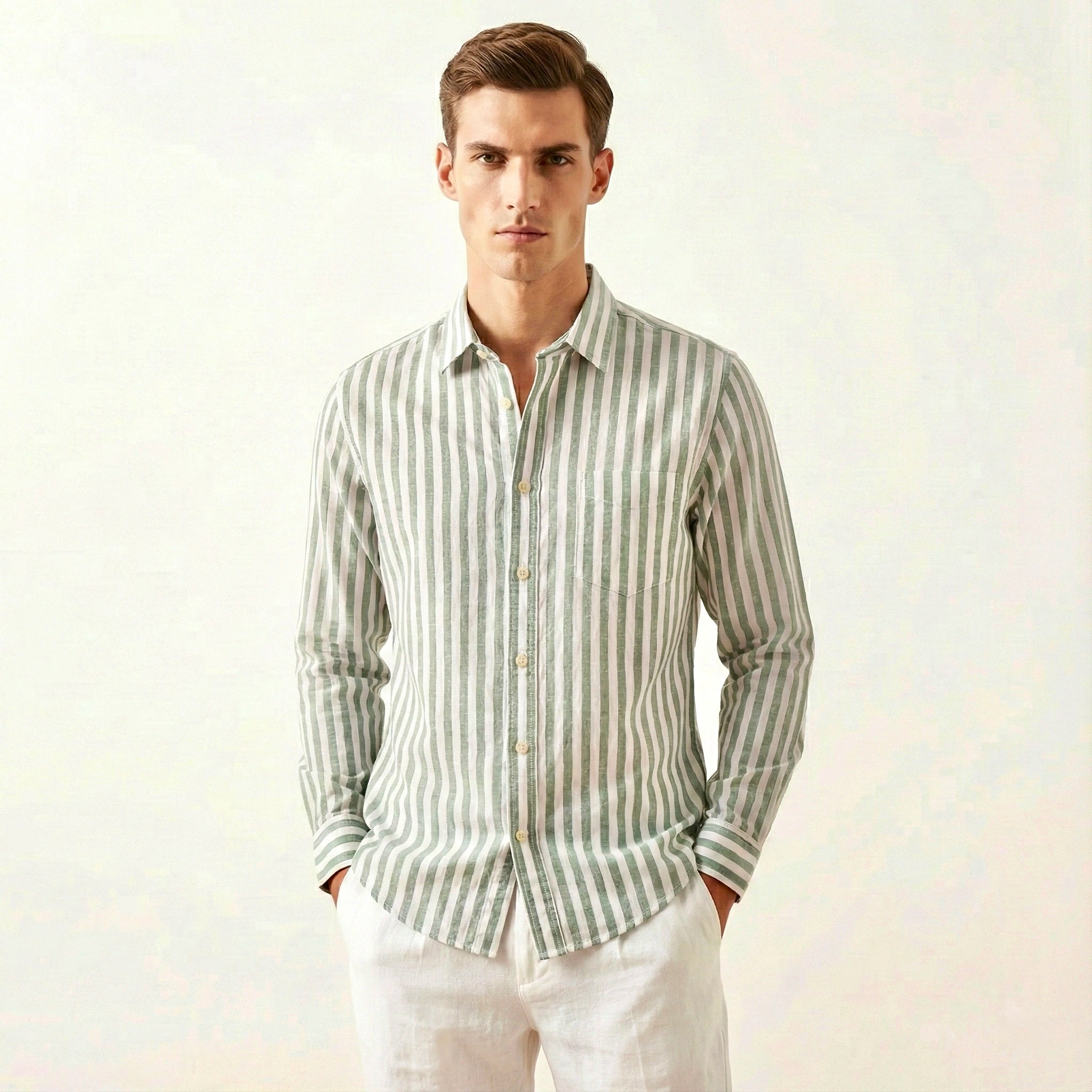 Green Striped Linen Blend Shirt