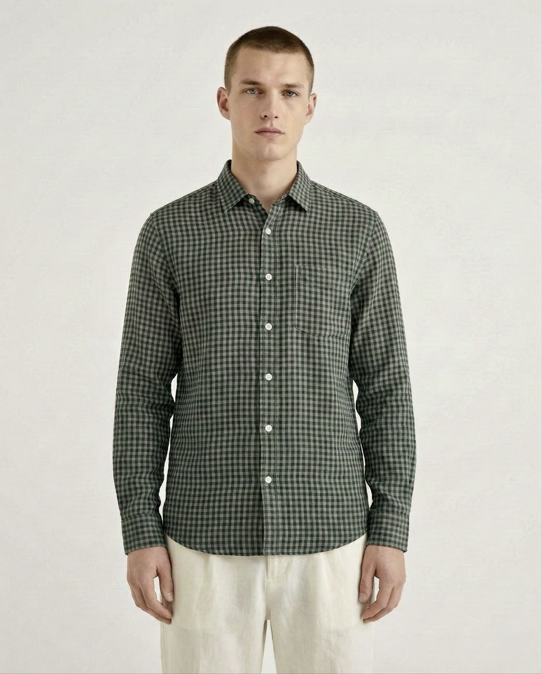 Green Checkered Linen Blend Shirt
