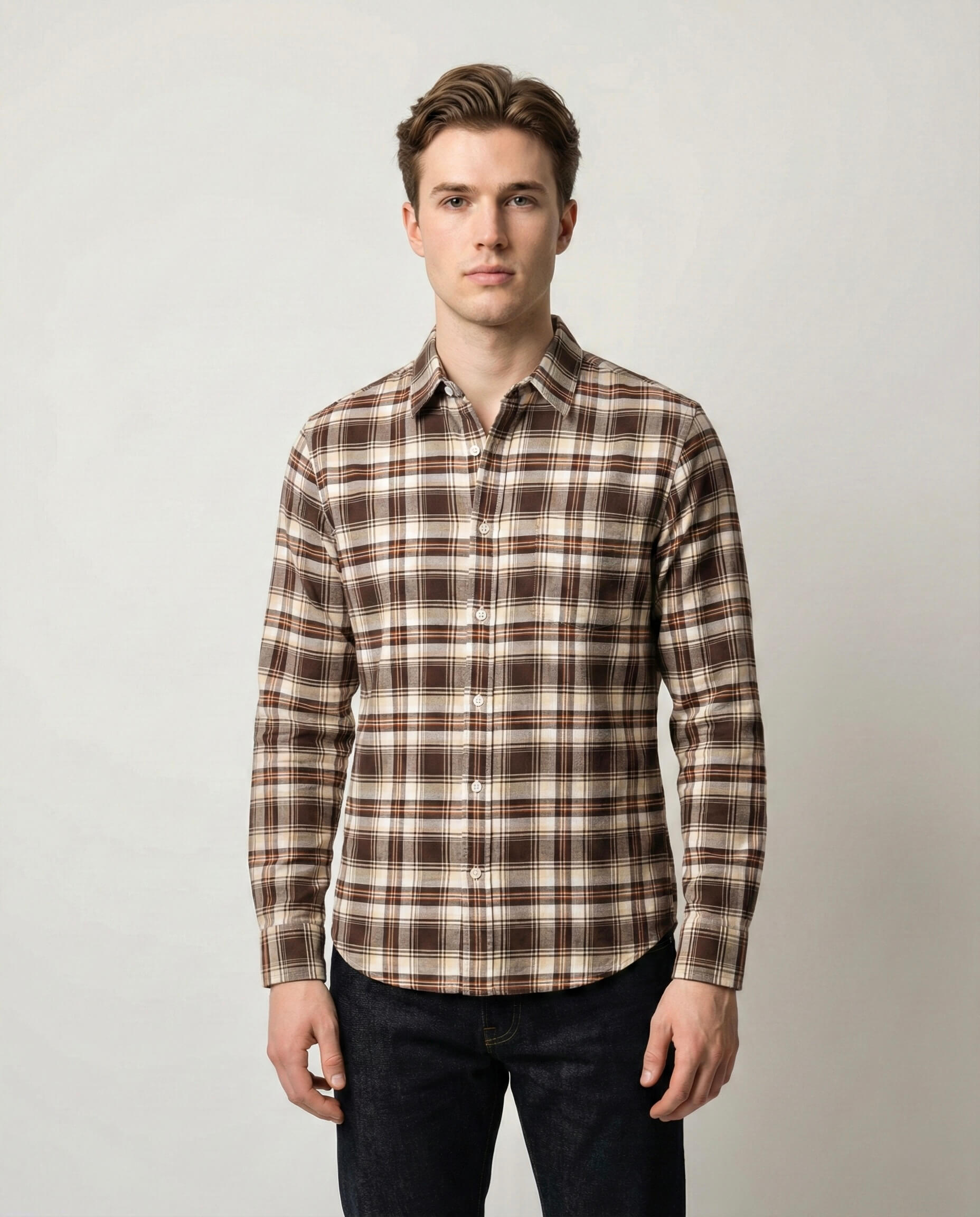 Brown and White Checkered Cotton Shirt