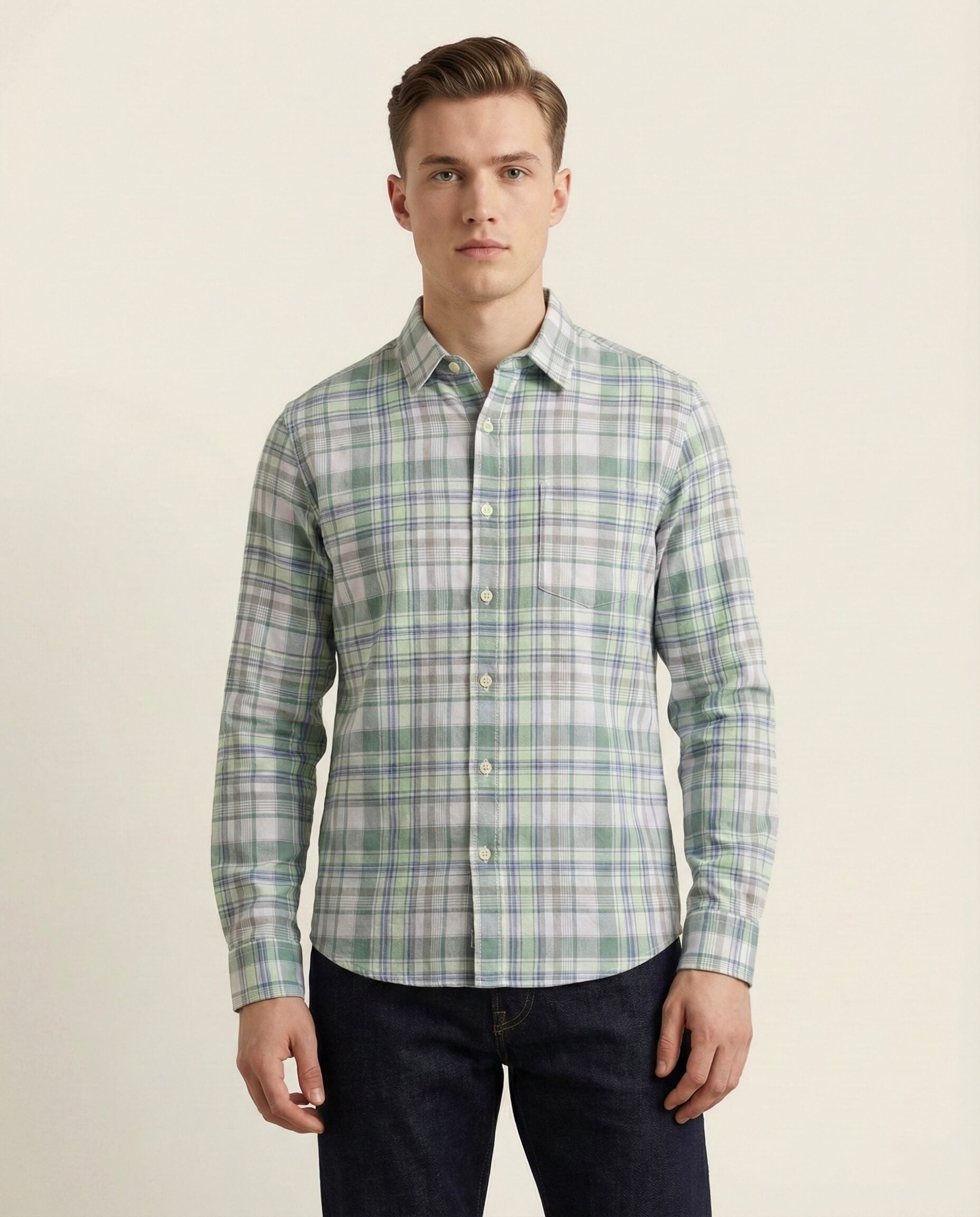 Green White Oxford Checkered Cotton Shirt