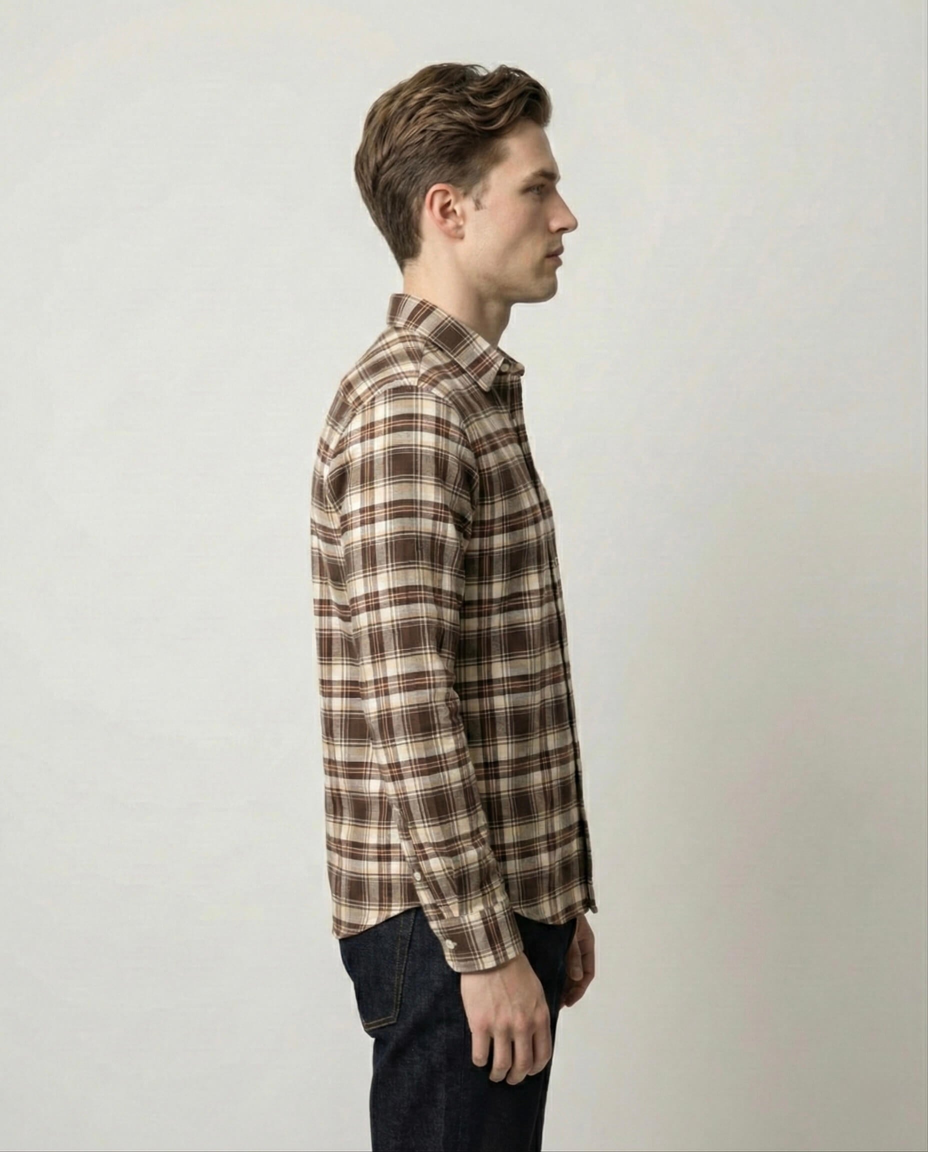 Brown and White Checkered Cotton Shirt