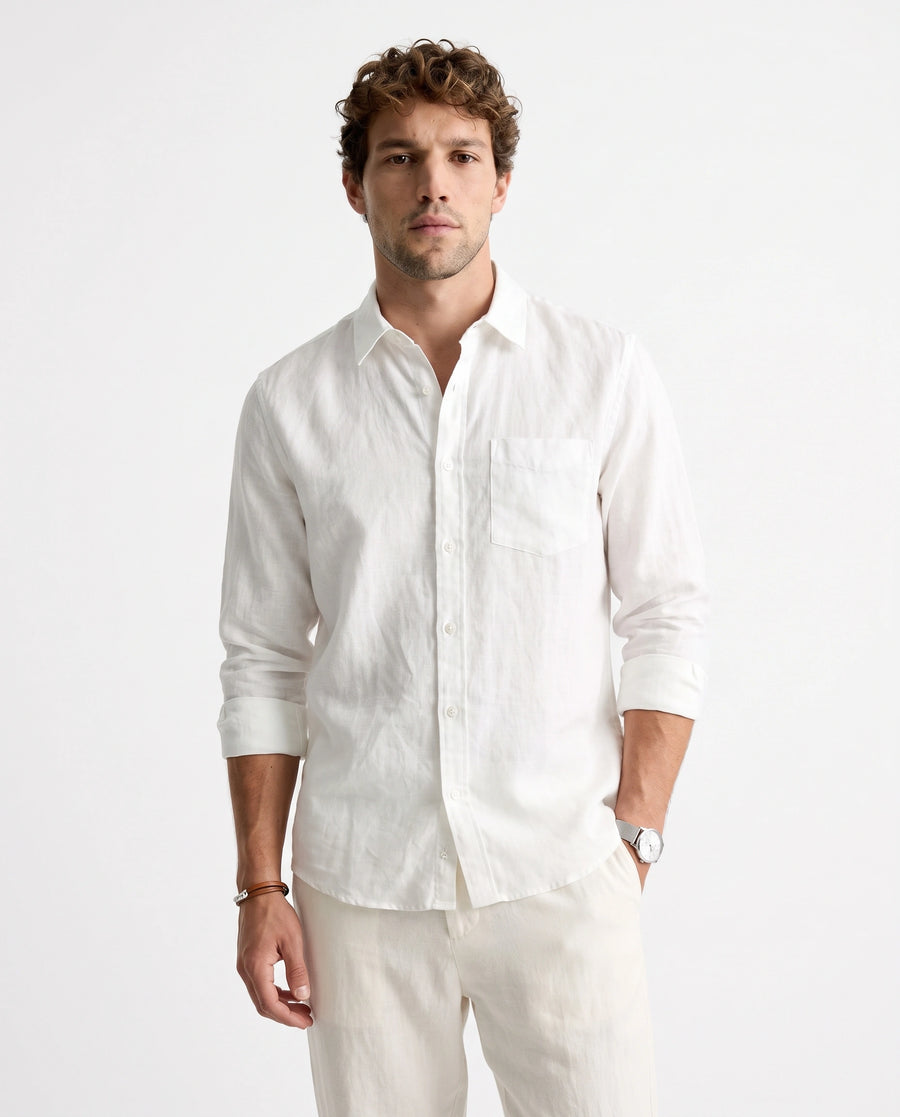 White Solid Linen Blend Shirt
