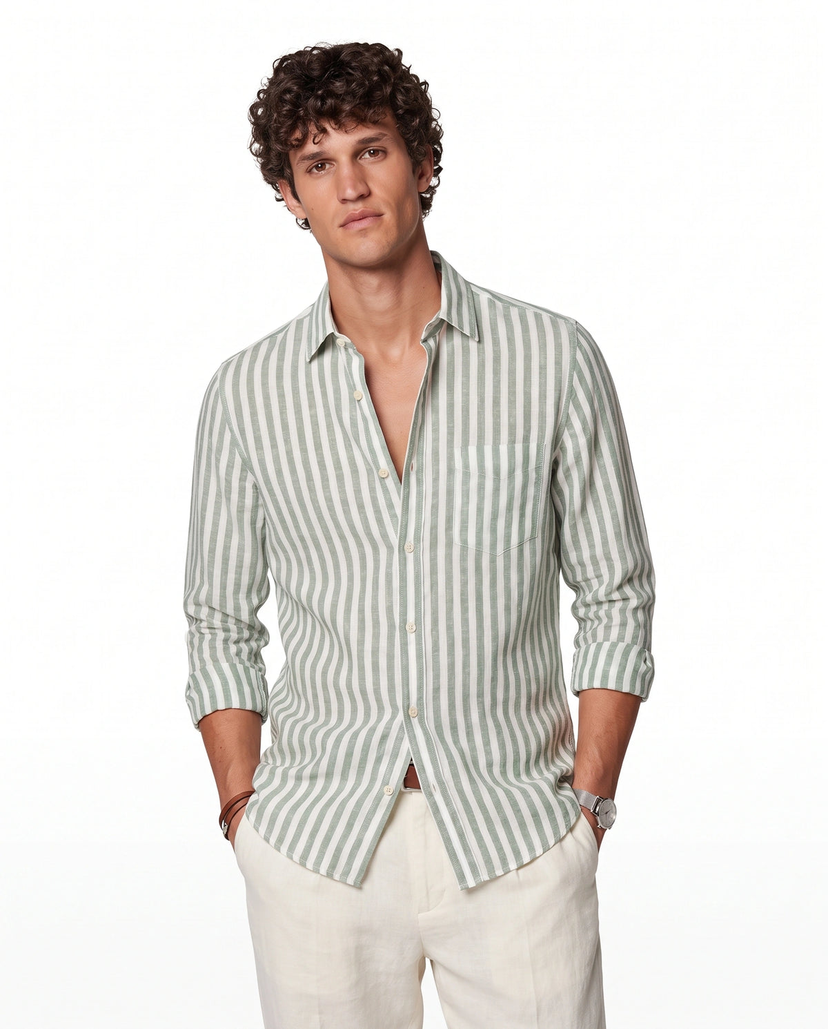 Green Striped Linen Blend Shirt