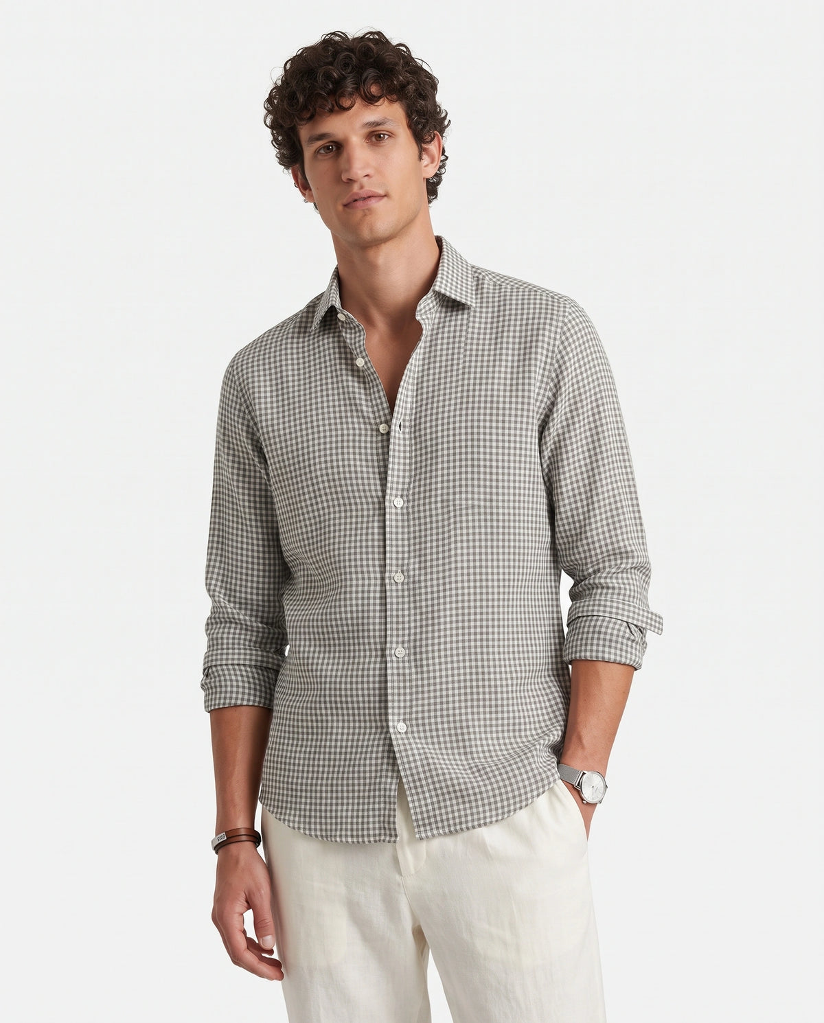 White Checkered Linen Blend Shirt