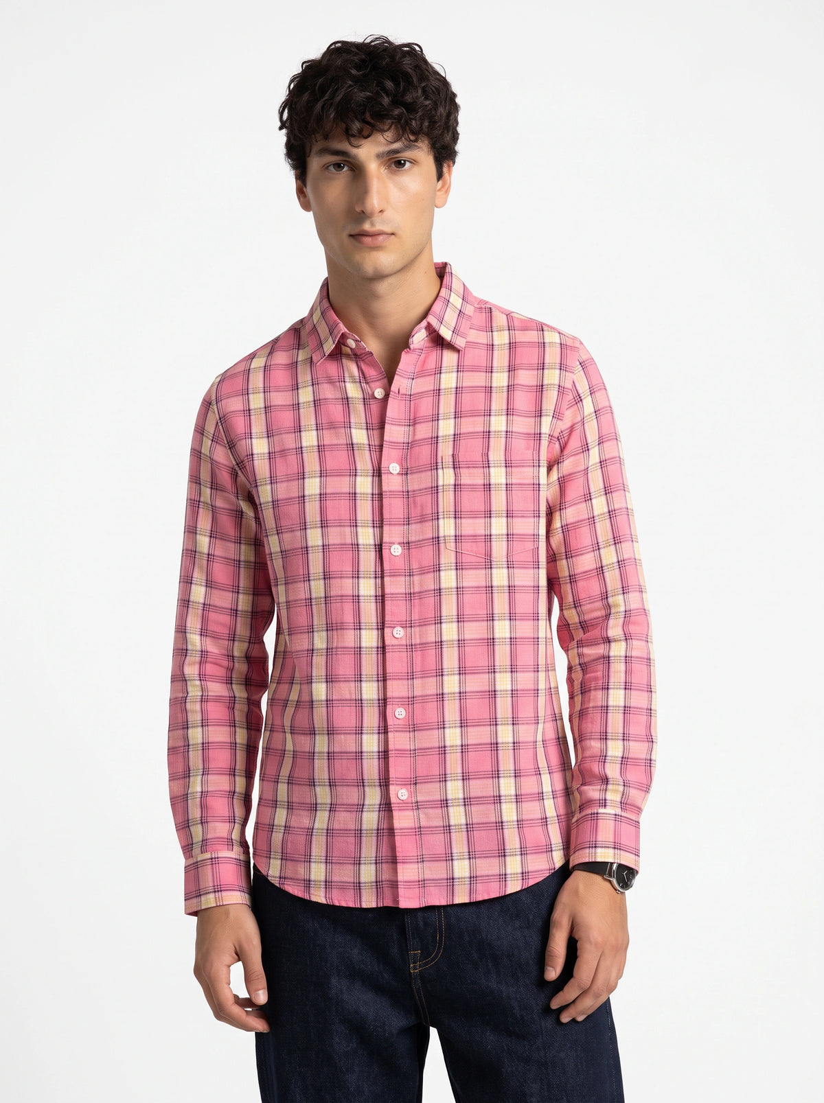 Pink Sorbet Checkered Linen Blend Shirt