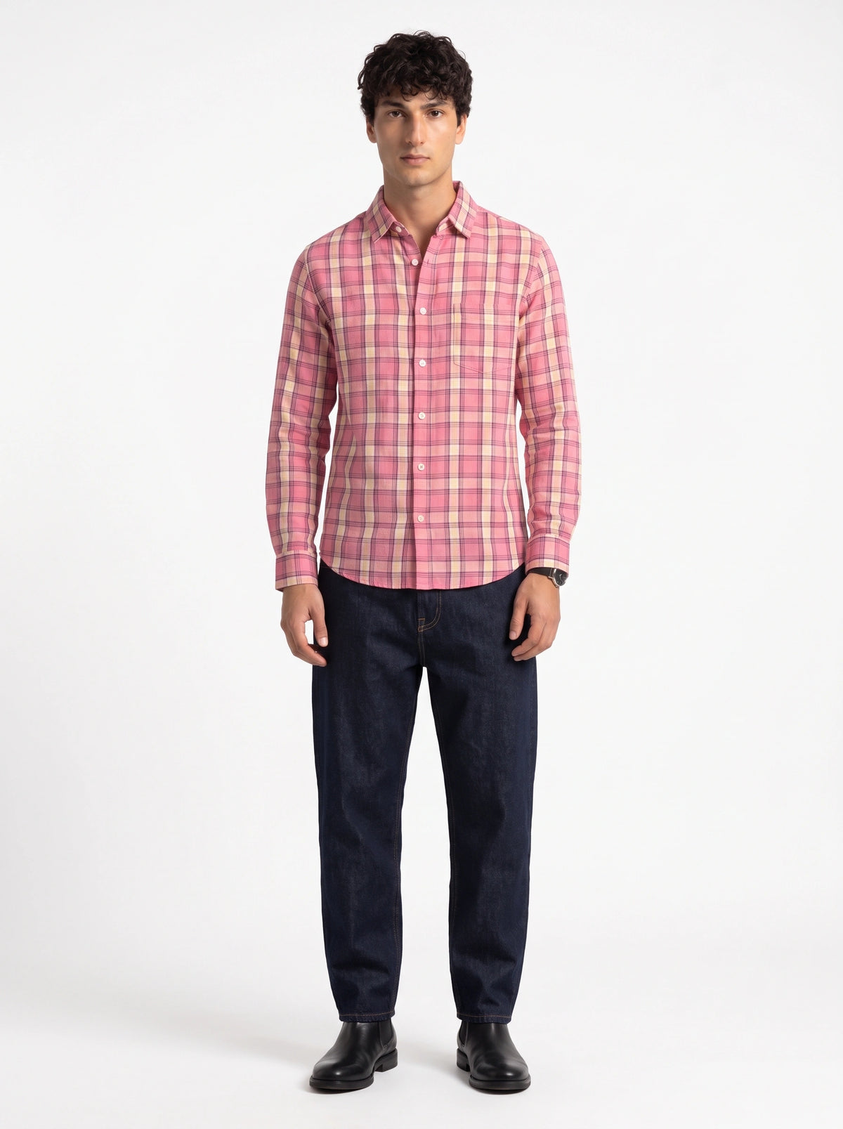 Pink Sorbet Checkered Linen Blend Shirt