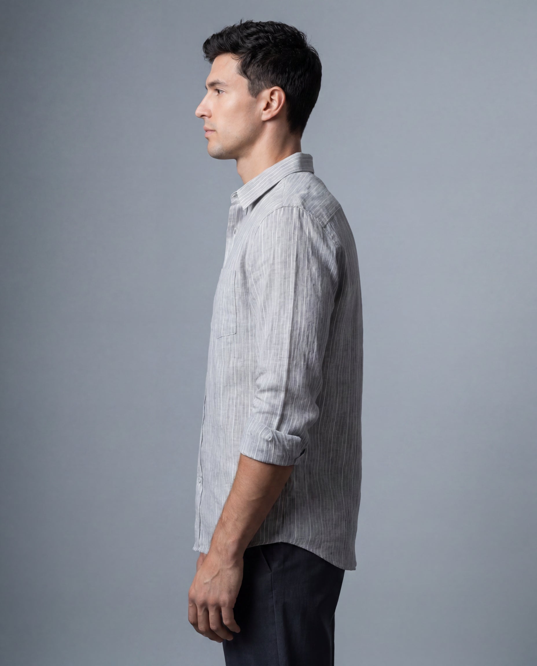 Heather Grey Stripe Linen Blend Textured Shirt