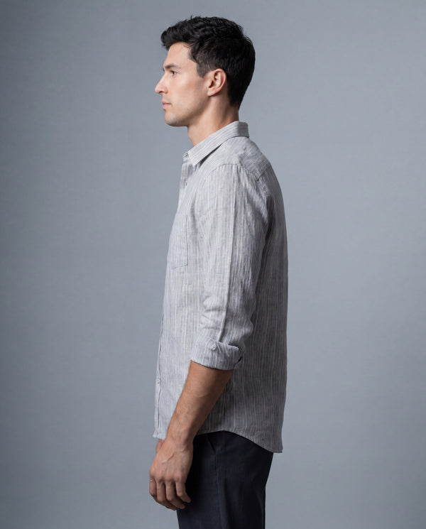 Heather Grey Stripe Linen Blend Textured Shirt