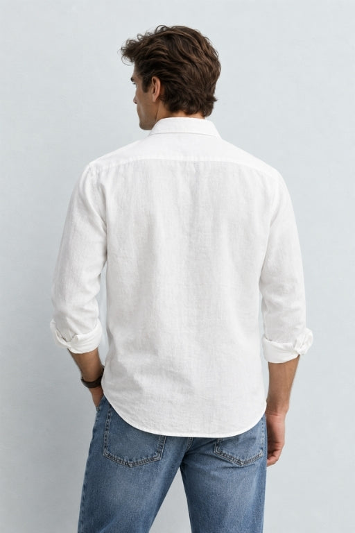White Solid Linen Blend Shirt