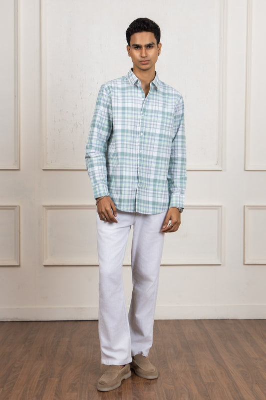 Green White Checkered Cotton Shirt