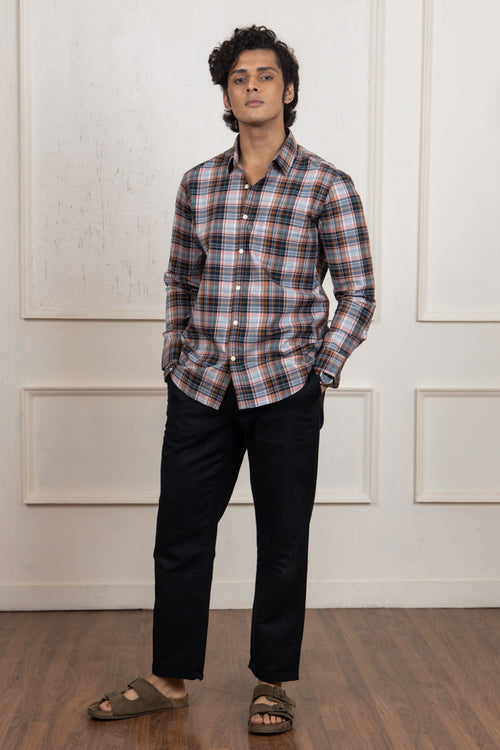 Orange Black Checkered Cotton Shirt