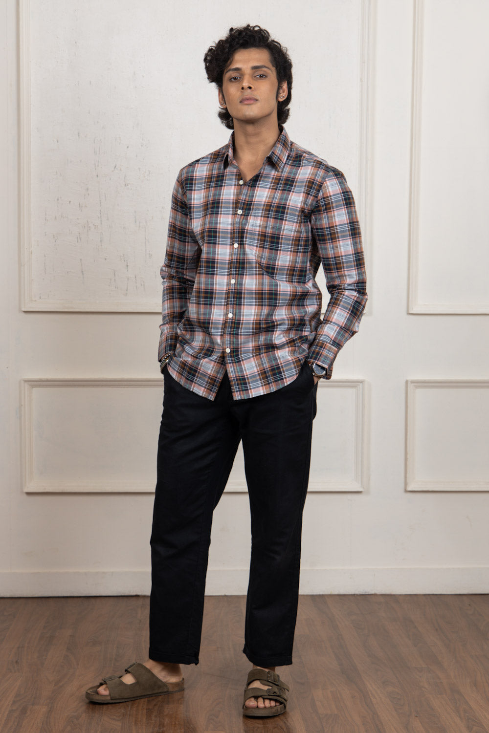 Orange Black Checkered Cotton Shirt