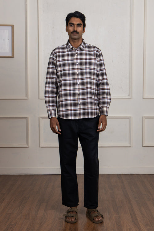 Brown and White Checkered Cotton Shirt