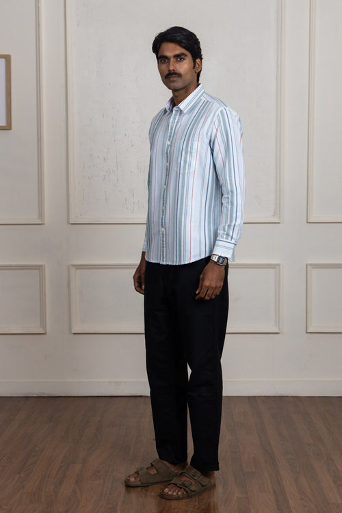 Green & White Striped Cotton Shirt