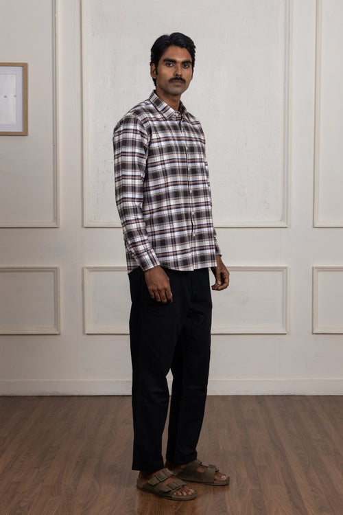 Brown and White Checkered Cotton Shirt