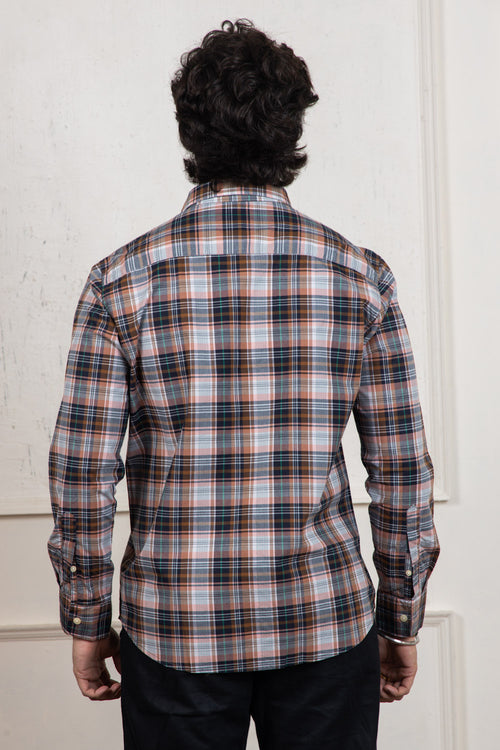 Orange Black Checkered Cotton Shirt