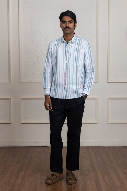 Green & White Striped Cotton Shirt