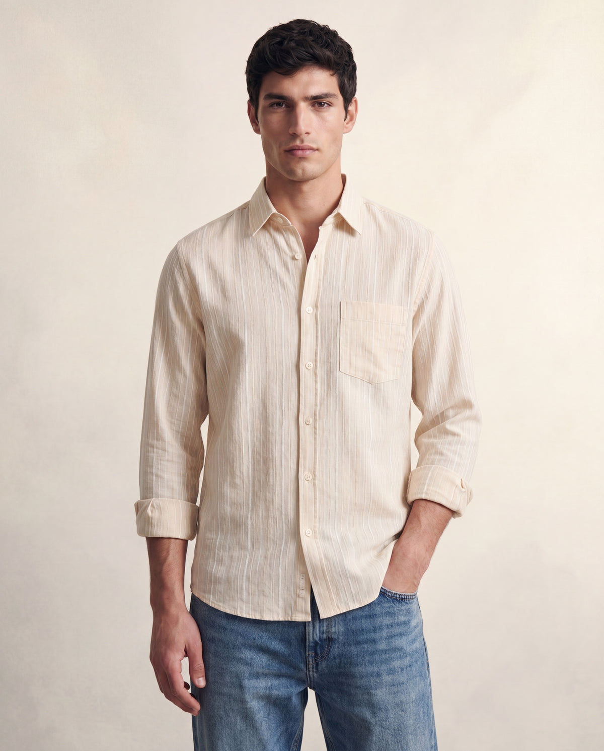 Cream Stripe Linen-Cotton Textured Shirt