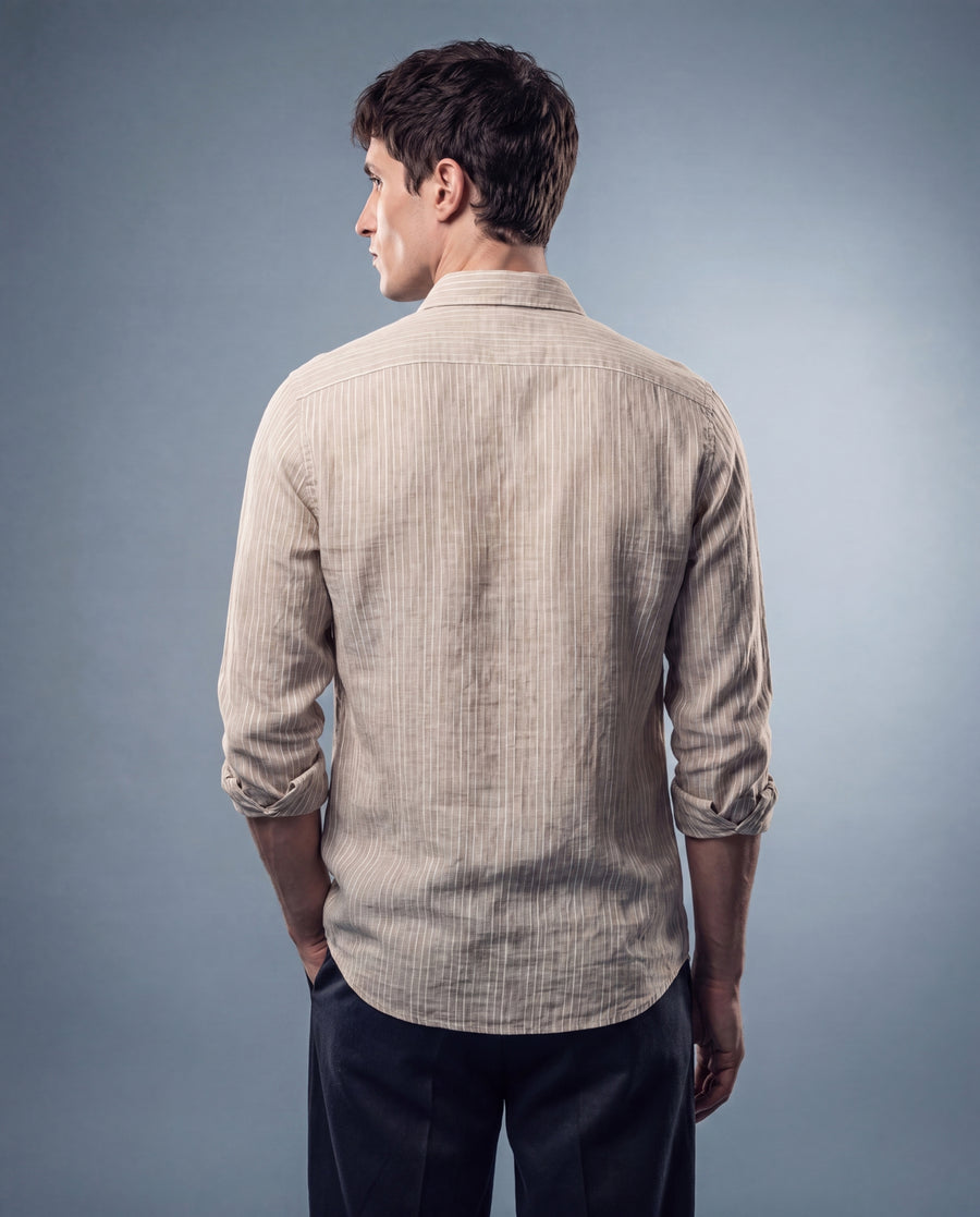 Oatmeal Striped Linen-Cotton Textured Shirt