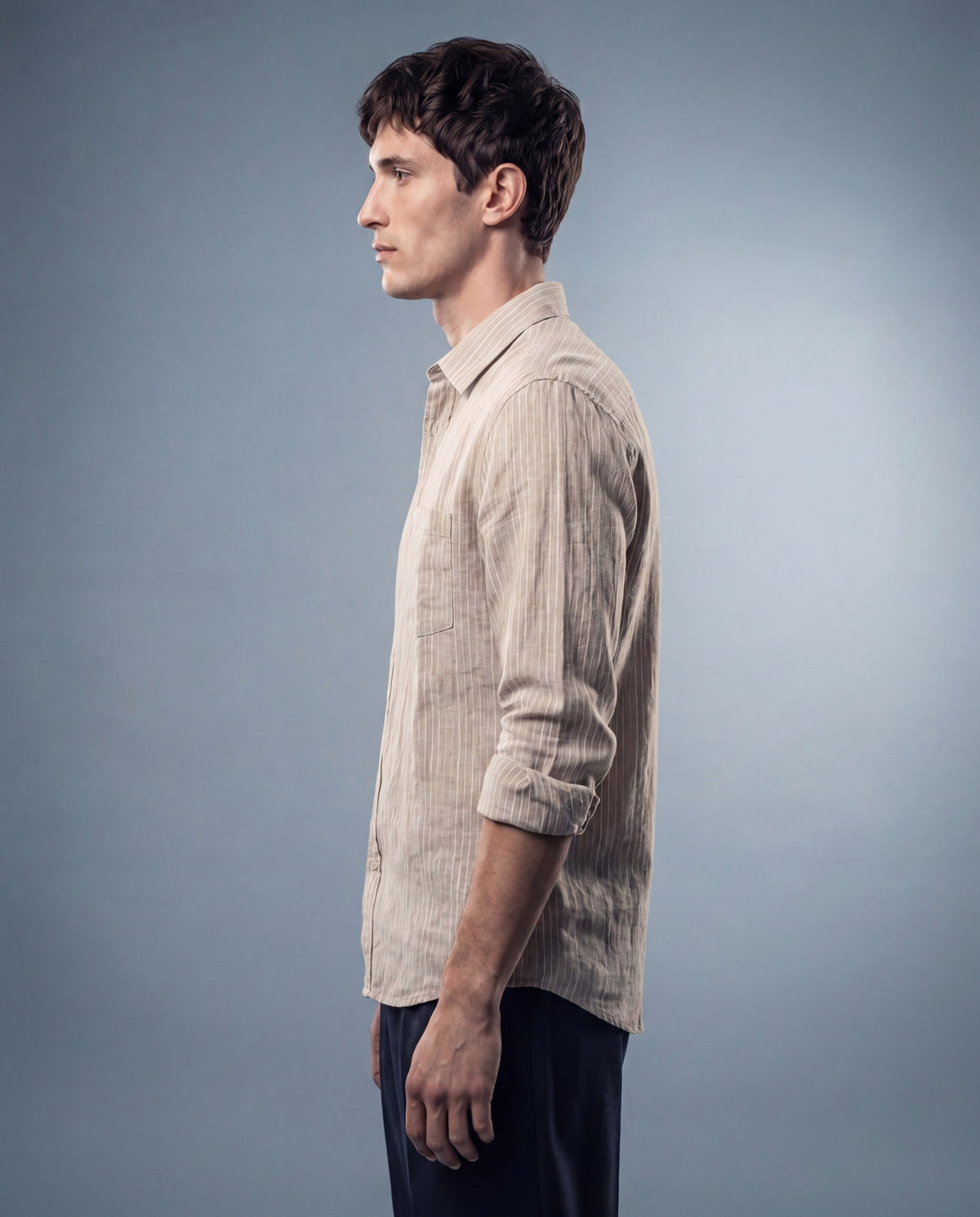 Oatmeal Striped Linen-Cotton Textured Shirt