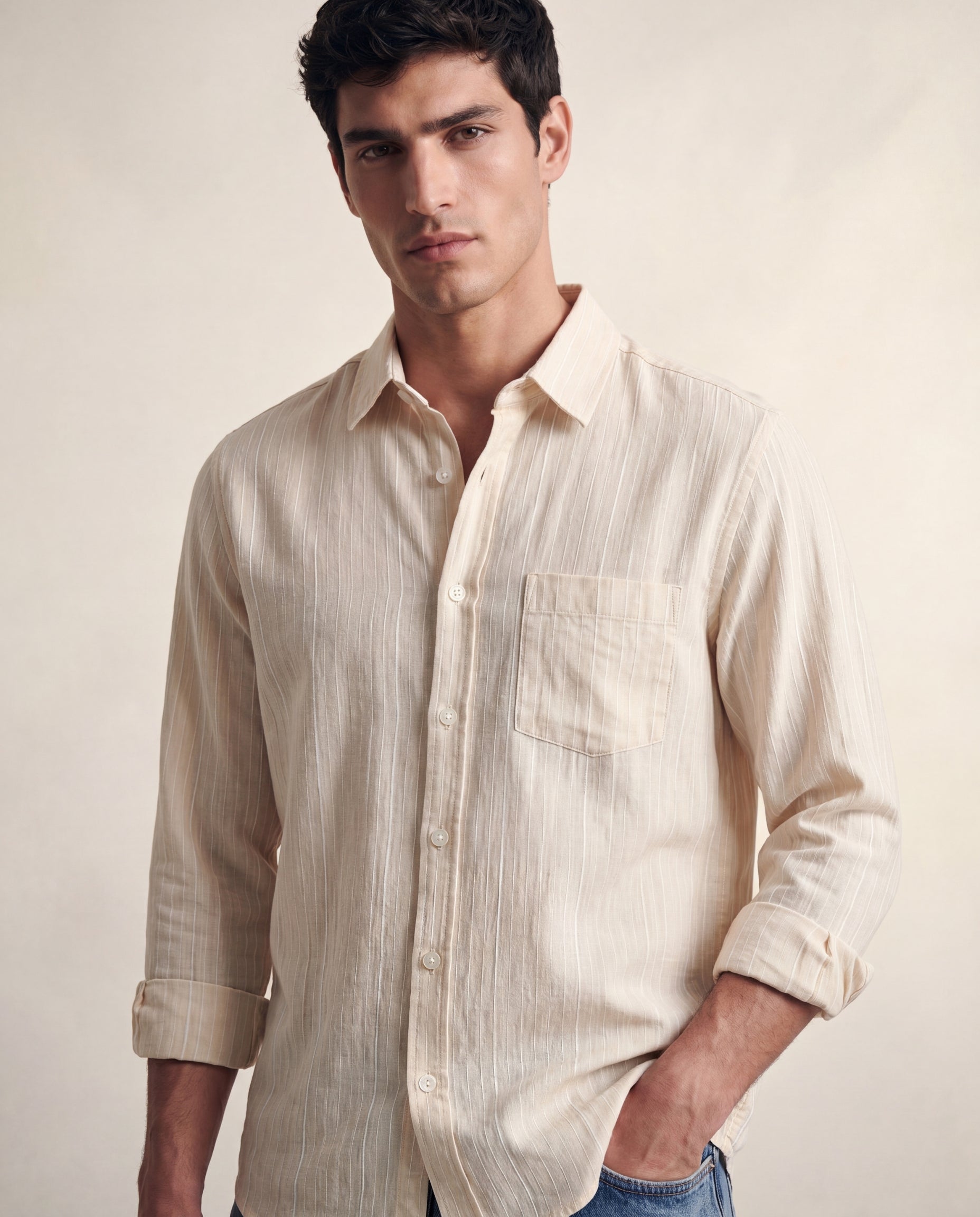 Cream Stripe Linen-Cotton Textured Shirt