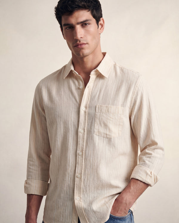 Cream Stripe Linen-Cotton Textured Shirt