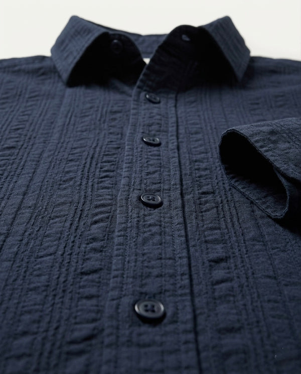 Navy Blue Textured Pure Cotton Shirt