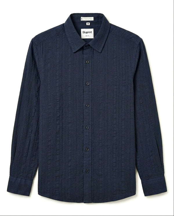 Navy Blue Textured Pure Cotton Shirt