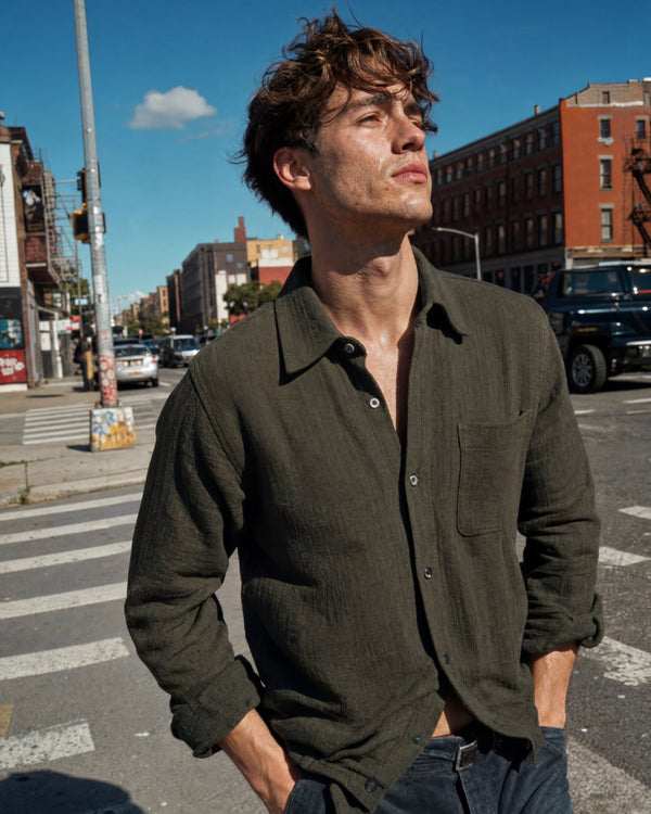 Olive Green Textured Pure Cotton Shirt