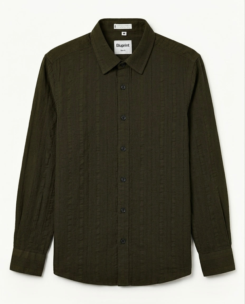 Olive Green Textured Pure Cotton Shirt