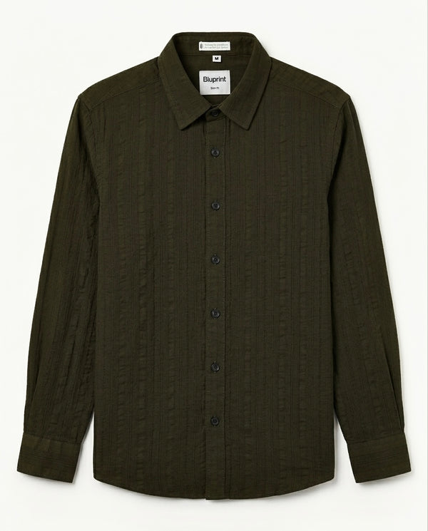 Olive Green Textured Pure Cotton Shirt