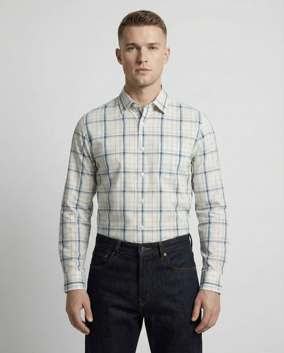 Green White Poplin Checkered Cotton Shirt