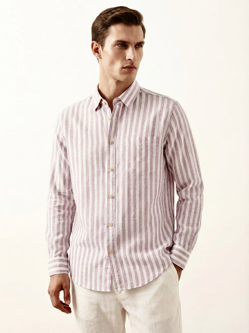Burgundy White Striped Linen Blend Shirt