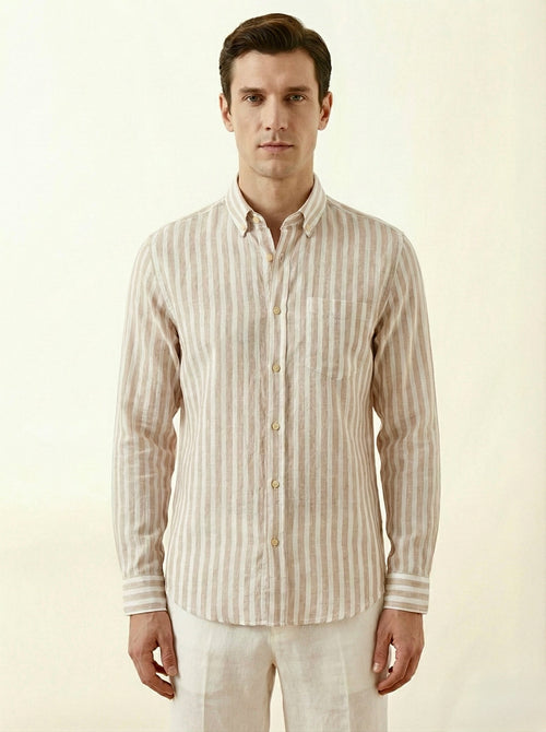 Beige Striped Linen Blend Shirt