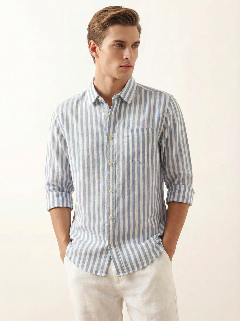 Grey Striped Linen Blend Shirt