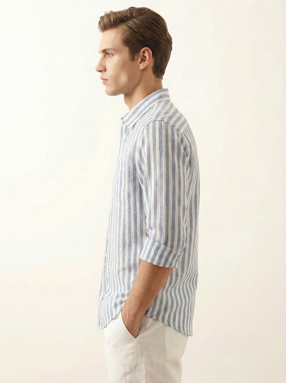Grey Striped Linen Blend Shirt