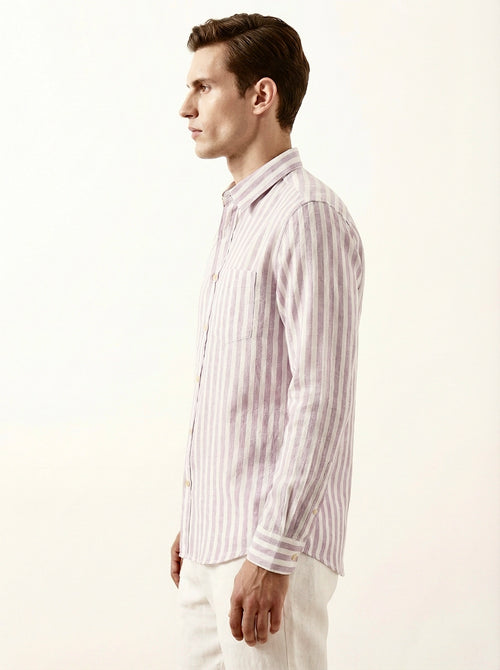 Burgundy White Striped Linen Blend Shirt