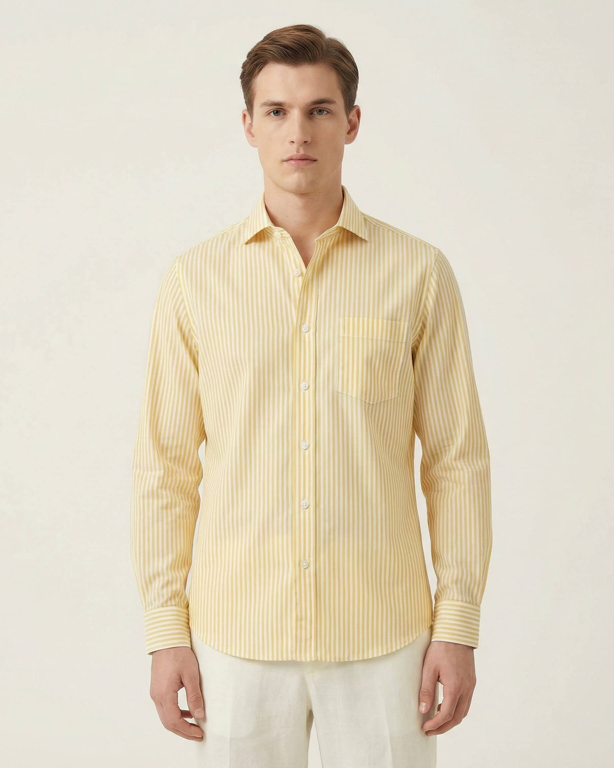 Yellow & White Striped Slim Cotton Shirt