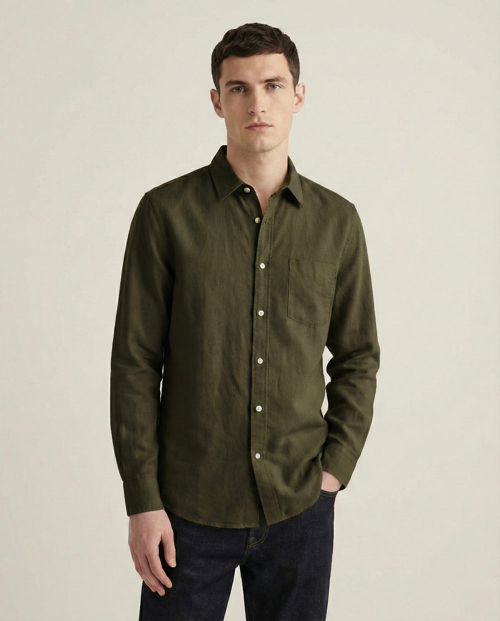 Olive Green Linen Blend Shirt